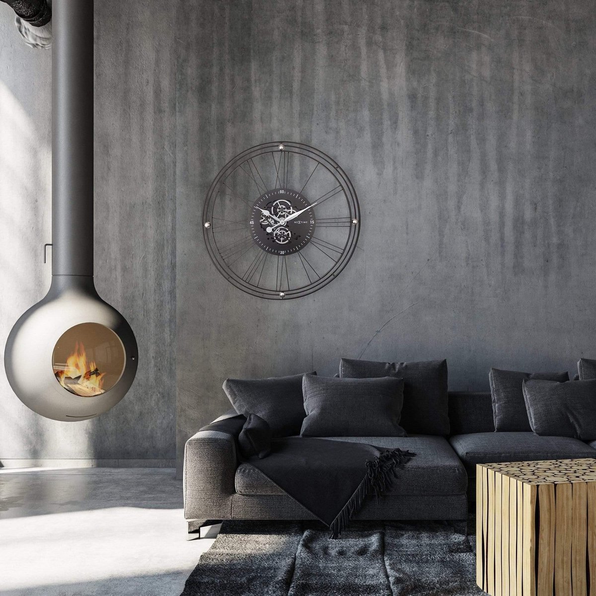 Nextime Wandklok Roman Gear Xxl 90,5 Cm Staal/zilver - Zwart