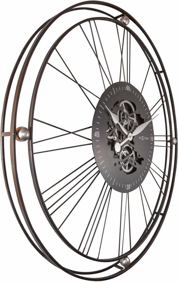 Nextime Wandklok Roman Gear Xxl 90,5 Cm Staal/zilver - Zwart