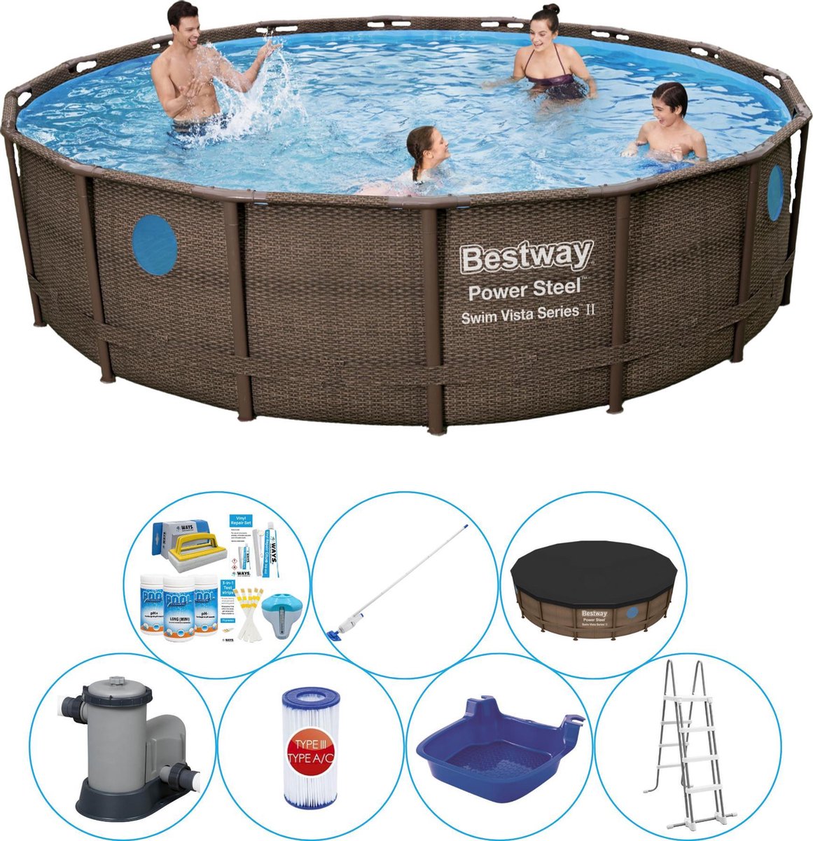 Bestway Power Steel Swim Vista Rond 488x122 Cm - Zwembad Combi Deal - Bruin