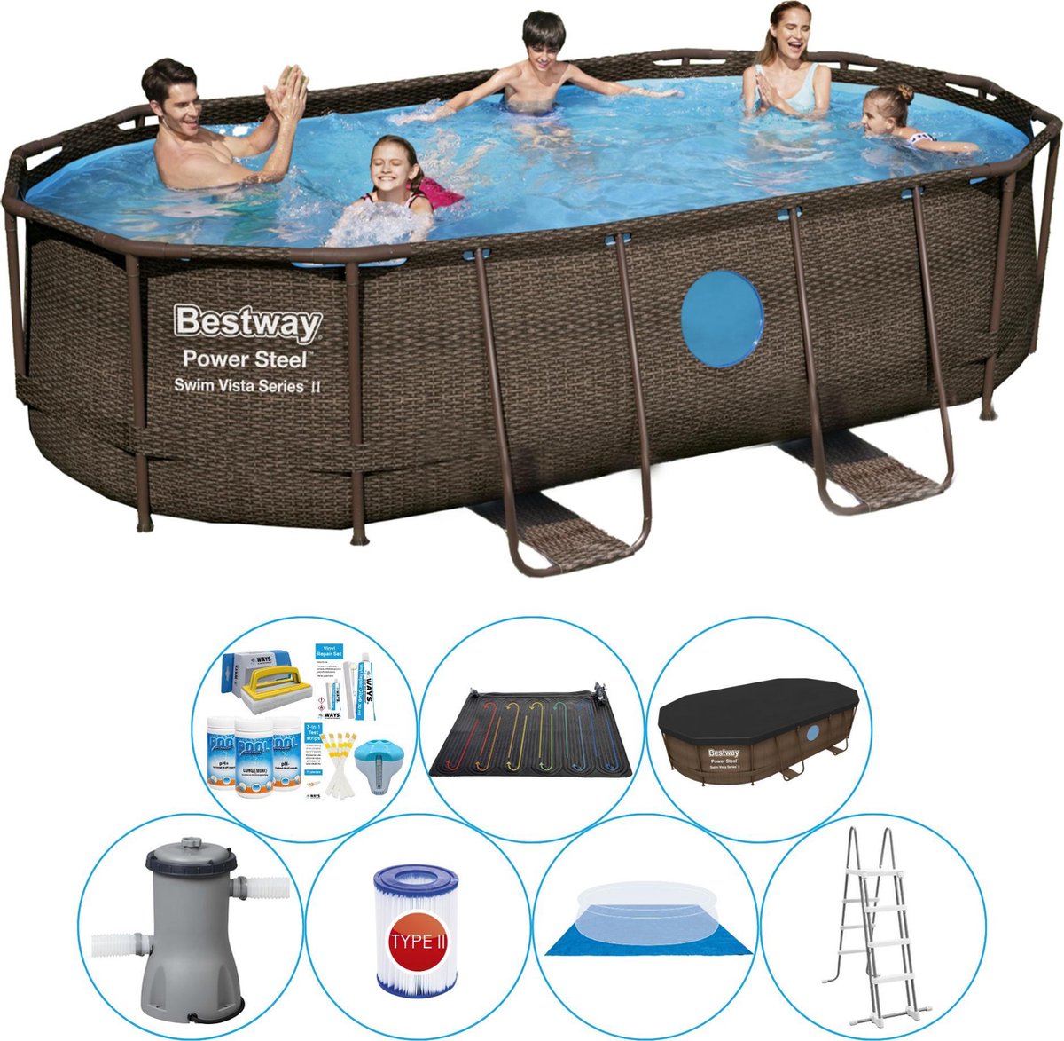 Bestway Power Steel Swim Vista Ovaal 427x250x100 Cm - Zwembad Combinatie Set - Bruin