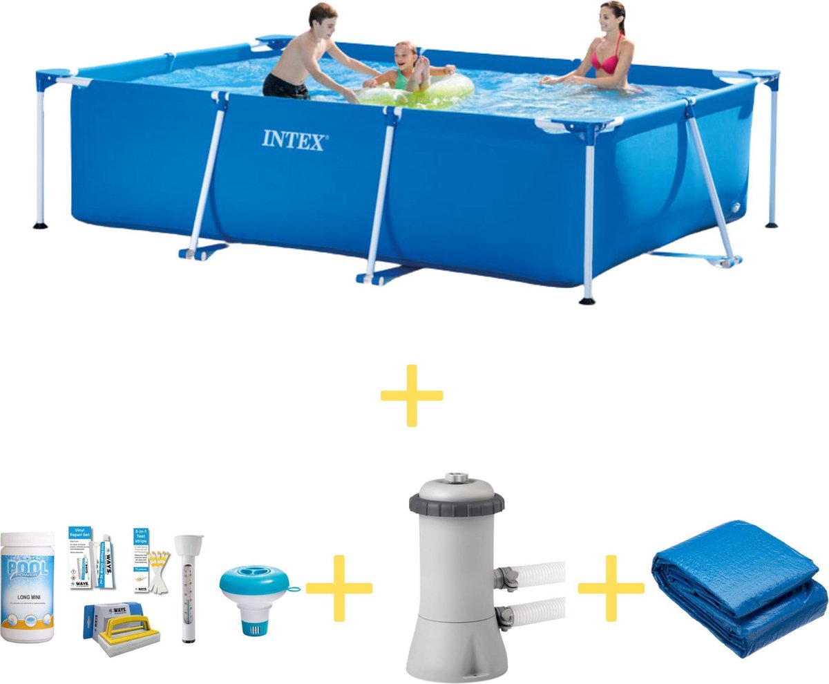 Intex Zwembad - Frame Pool - 300 X 200 X 75 Cm - Inclusief Ways Onderhoudspakket, Filterpomp & Grondzeil - Blauw