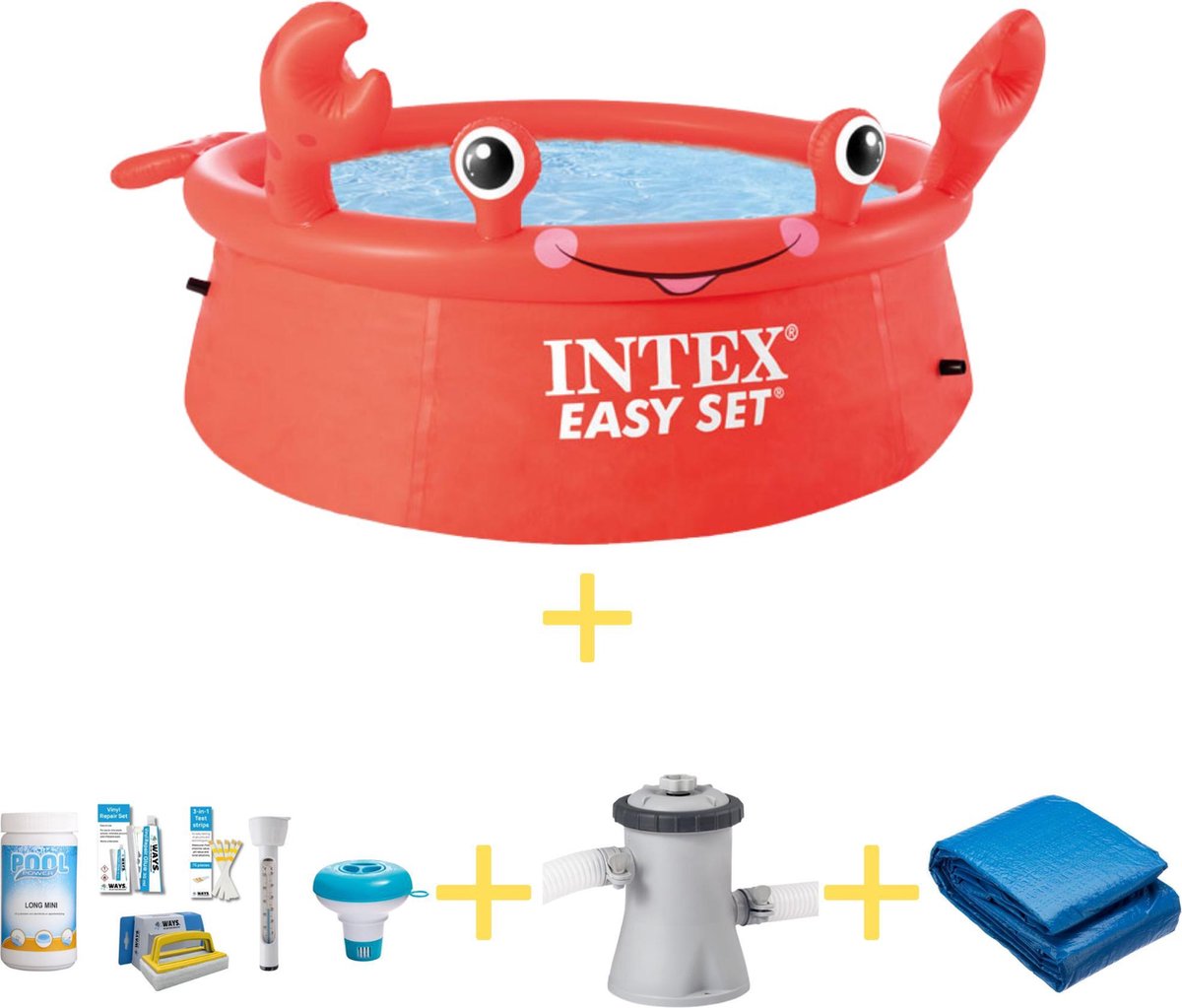 Intex Zwembad - Easy Set - 183 Cm - Krab Editie - Inclusief Ways Onderhoudspakket, Filterpomp & Grondzeil - Rood