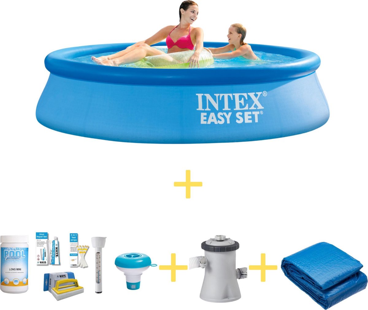 Intex Zwembad - Easy Set - 244 X 61 Cm - Inclusief Ways Onderhoudspakket, Filterpomp & Grondzeil - Blauw