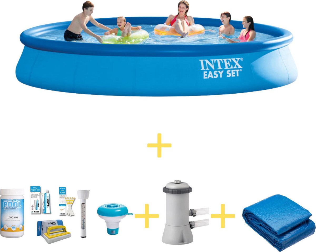 Intex Zwembad - Easy Set - 457 X 84 Cm - Inclusief Ways Onderhoudspakket, Filterpomp & Grondzeil - Blauw