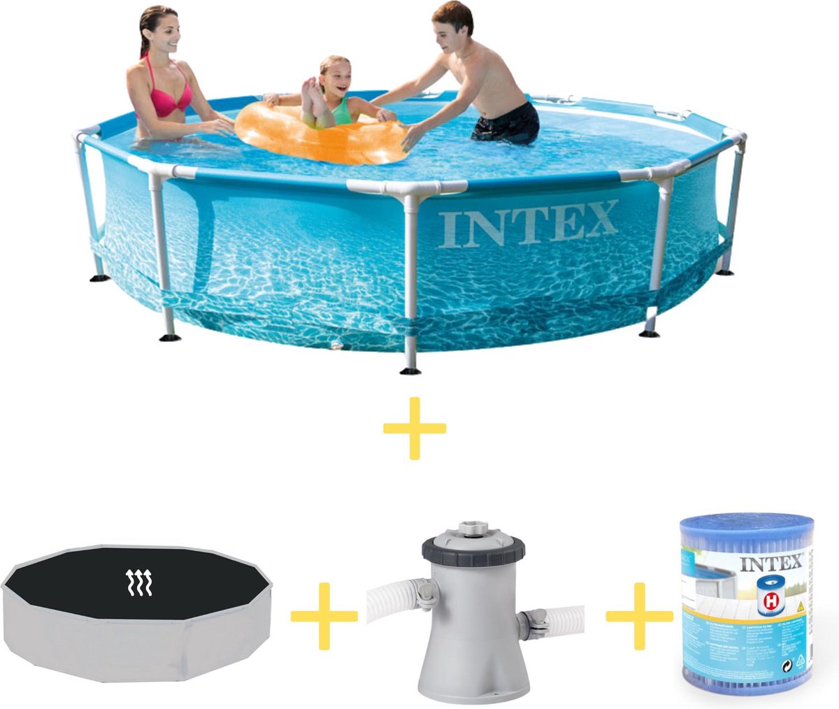 Intex Zwembad - Metal Frame - Strandzijde - 305 X 76 Cm - Inclusief Solarzeil, Filterpomp & Filter - Blauw