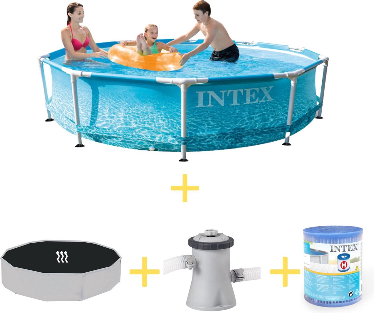 Intex Zwembad - Metal Frame - Strandzijde - 305 X 76 Cm - Inclusief Solarzeil, Filterpomp & Filter - Blauw