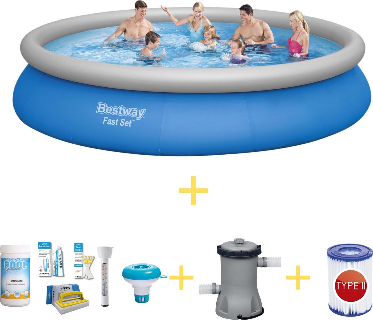 Bestway Zwembad - Fast Set - 457 X 84 Cm - Inclusief Ways Onderhoudspakket, Filterpomp & Filter - Blauw