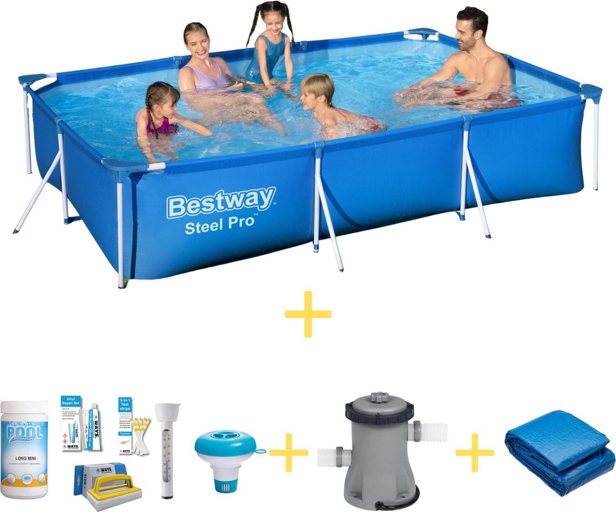 Bestway Zwembad - Steel Pro - 300 X 201 X 66 Cm - Inclusief Ways Onderhoudspakket, Filterpomp & Grondzeil - Blauw