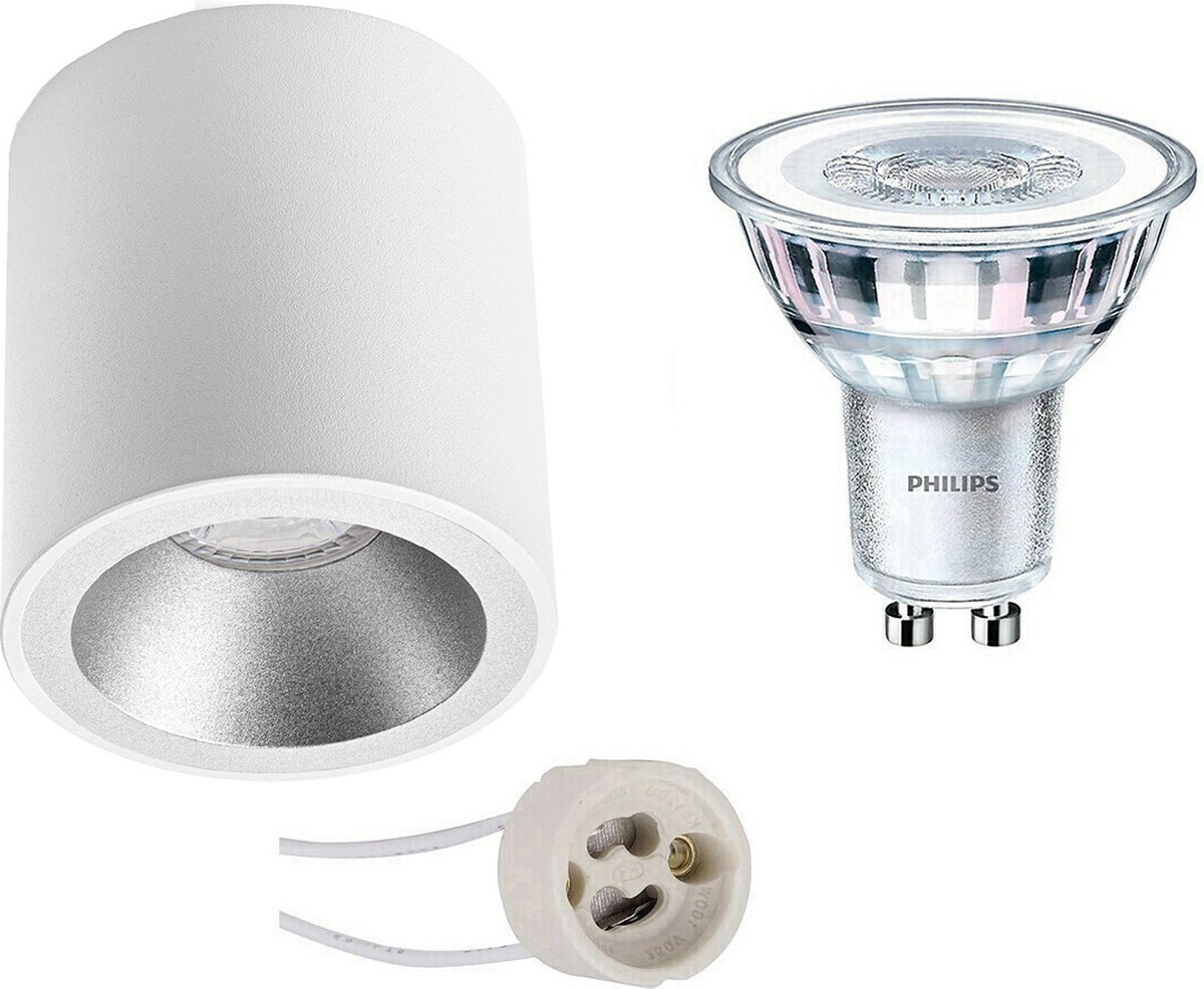 BES LED Opbouwspot Set - Pragmi Cliron Pro - Gu10 Fitting - Opbouw Rond - Mat Wit/zilver - Verdiept - Ø90mm - Philips - Corepro