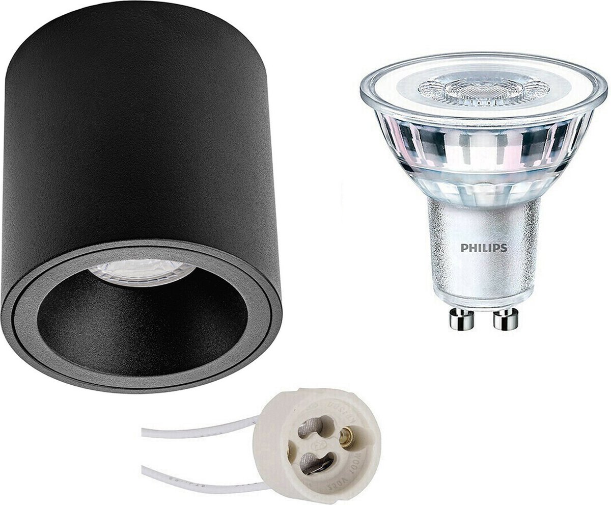 BES LED Opbouwspot Set - Pragmi Cliron Pro - Gu10 Fitting - Opbouw Rond - Mat - Verdiept - Ø90mm - Philips - Corepro 840 - Zwart