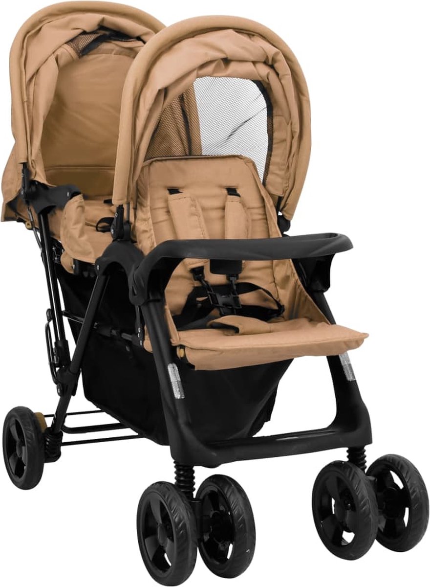 Vidaxl Tweelingkinderwagen Tandem Staal Taupe