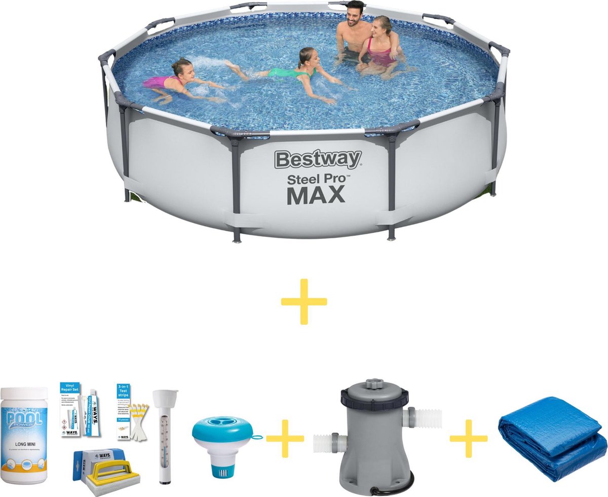 Bestway Zwembad - Steel Pro Max - 305 X 76 Cm - Inclusief Ways Onderhoudspakket, Filterpomp & Grondzeil - Grijs