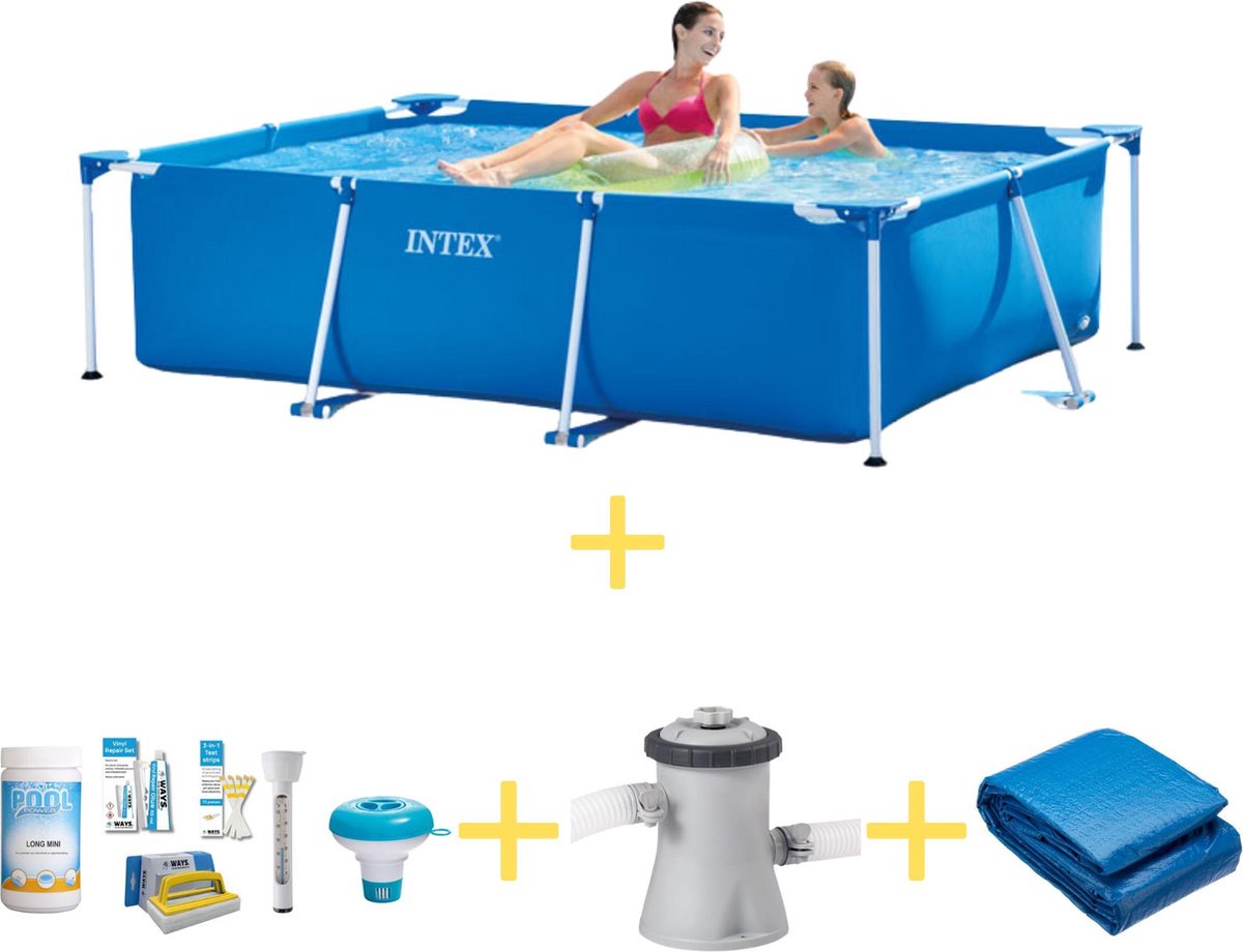 Intex Zwembad - Frame Pool - 220 X 150 X 60 Cm - Inclusief Ways Onderhoudspakket, Filterpomp & Grondzeil - Blauw