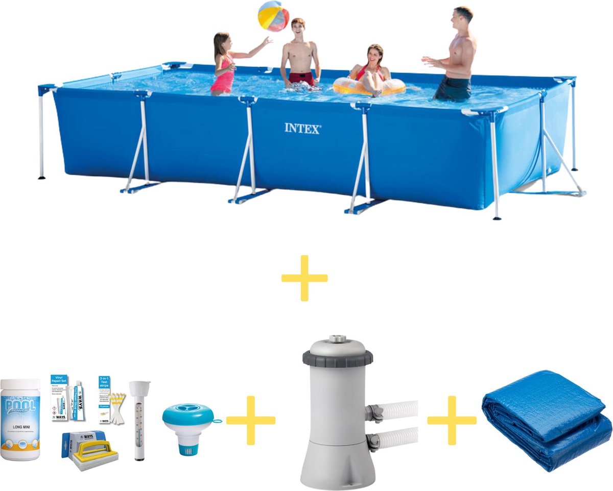 Intex Zwembad - Frame Pool - 450 X 220 X 84 Cm - Inclusief Ways Onderhoudspakket, Filterpomp & Grondzeil - Blauw