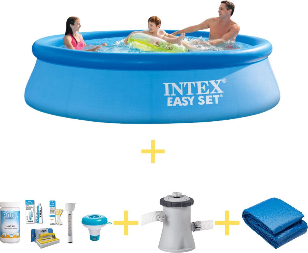 Intex Zwembad - Easy Set - 305 X 76 Cm - Inclusief Ways Onderhoudspakket, Filterpomp & Grondzeil - Blauw