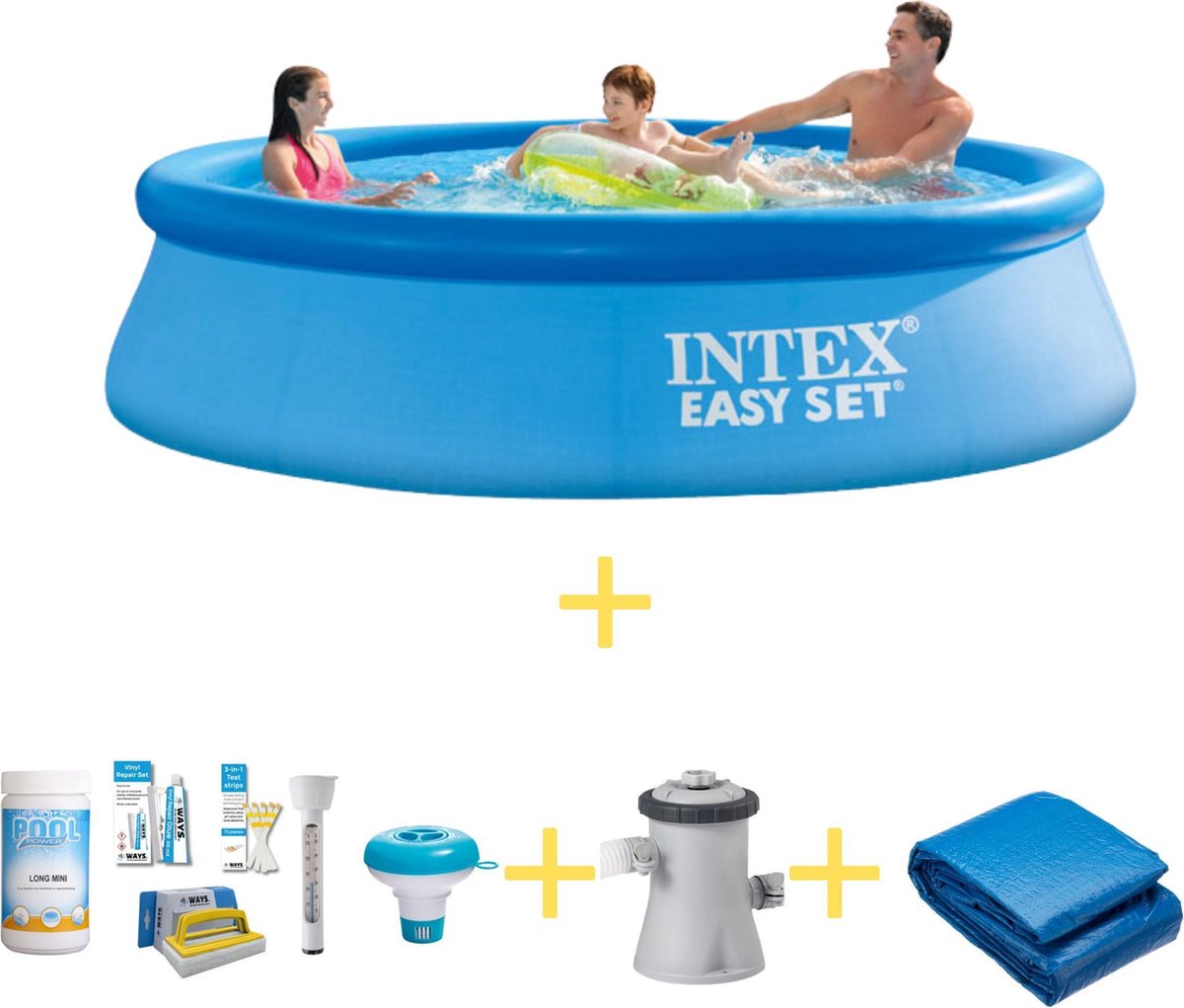 Intex Zwembad - Easy Set - 305 X 76 Cm - Inclusief Ways Onderhoudspakket, Filterpomp & Grondzeil - Blauw