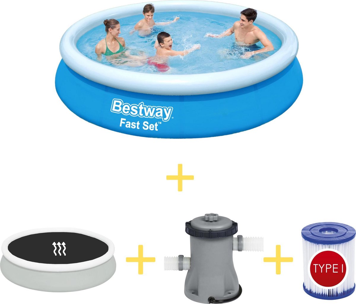 Bestway Zwembad - Fast Set - 366 X 76 Cm - Inclusief Solarzeil, Filterpomp & Filter - Blauw