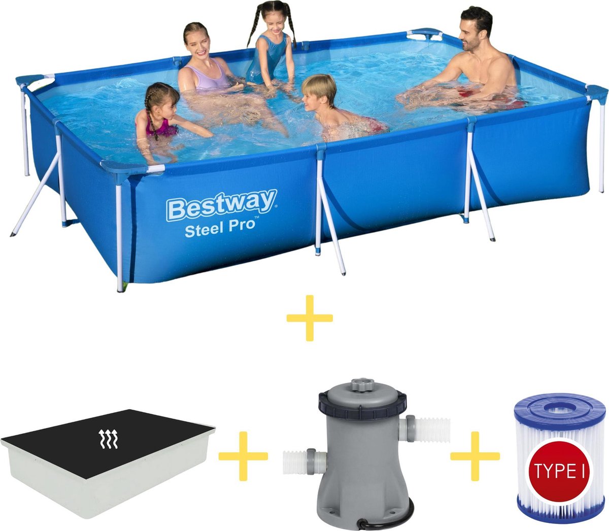 Bestway Zwembad - Steel Pro - 300 X 201 X 66 Cm - Inclusief Solarzeil, Filterpomp & Filter - Blauw