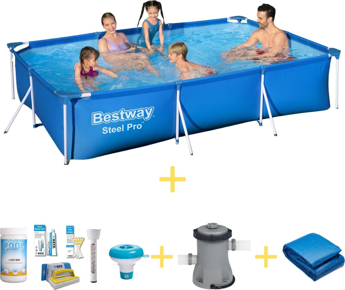 Bestway Zwembad - Steel Pro - 300 X 201 X 66 Cm - Inclusief Ways Onderhoudspakket, Filterpomp & Grondzeil - Blauw