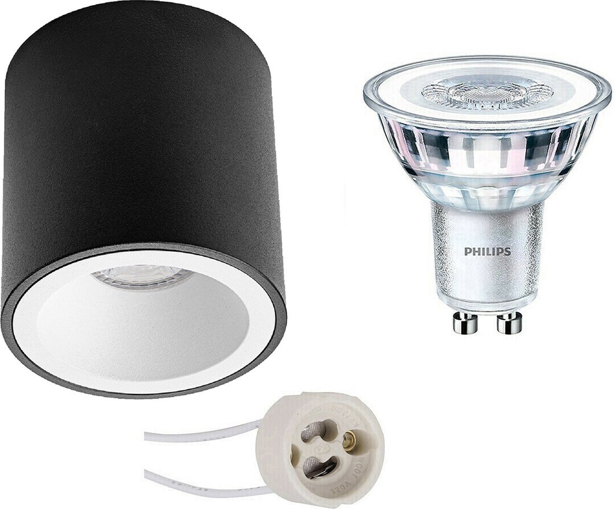 BES LED Opbouwspot Set - Pragmi Cliron Pro - Gu10 Fitting - Opbouw Rond - Mat/wit - Verdiept - Ø90mm - Philips - Corepro - Zwart