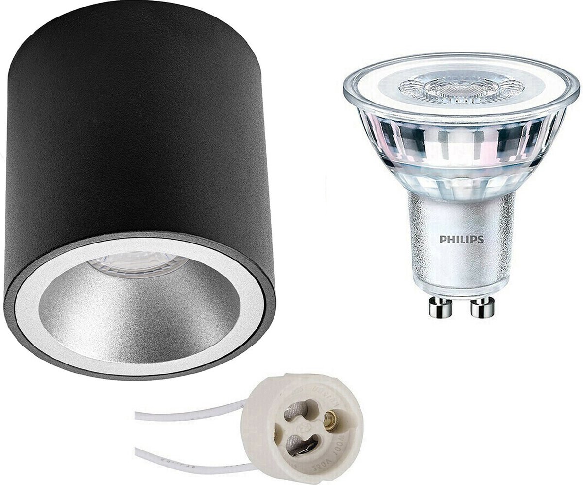 BES LED Opbouwspot Set - Pragmi Cliron Pro - Gu10 Fitting - Opbouw Rond - Mat/zilver - Verdiept - Ø90mm - Philips - - Zwart