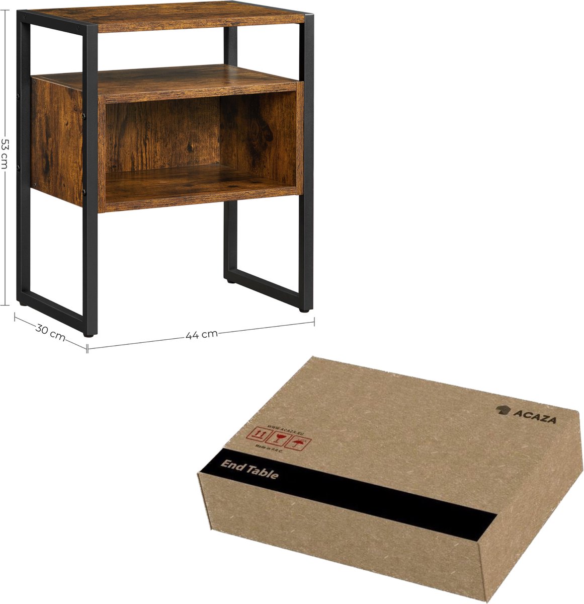 Acaza Open Nachtkastje Voor Slaapkamer Of Salon, Bijzet Tafeltje, Industrieel, Metaal, Hout, / Zwart - Bruin