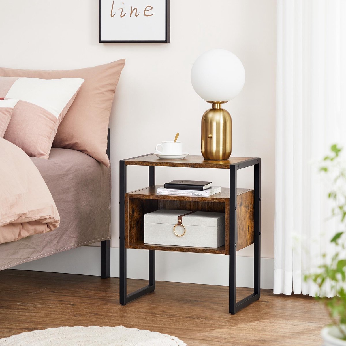 Acaza Open Nachtkastje Voor Slaapkamer Of Salon, Bijzet Tafeltje, Industrieel, Metaal, Hout, / Zwart - Bruin