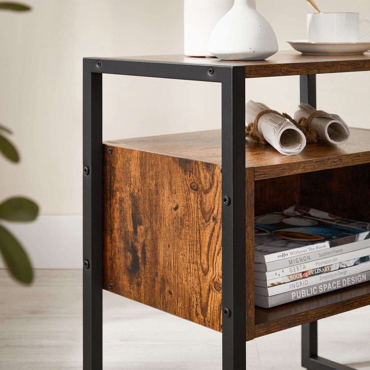 Acaza Open Nachtkastje Voor Slaapkamer Of Salon, Bijzet Tafeltje, Industrieel, Metaal, Hout, / Zwart - Bruin