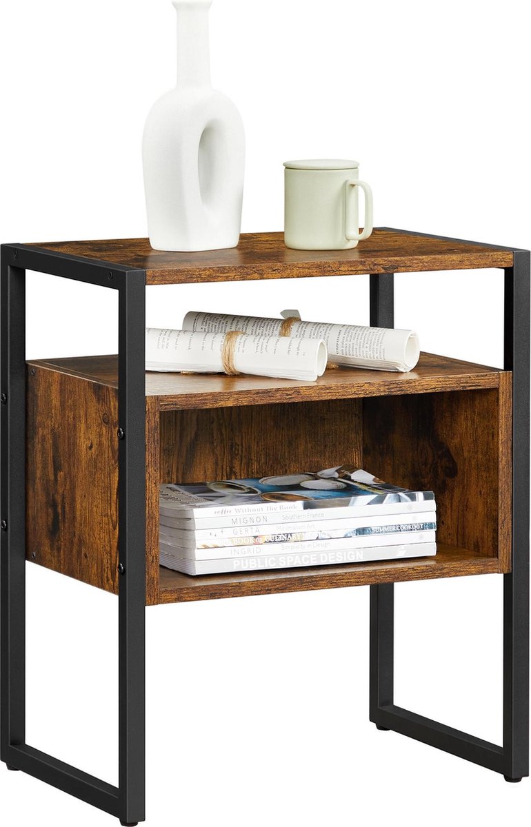 Acaza Open Nachtkastje Voor Slaapkamer Of Salon, Bijzet Tafeltje, Industrieel, Metaal, Hout, / Zwart - Bruin