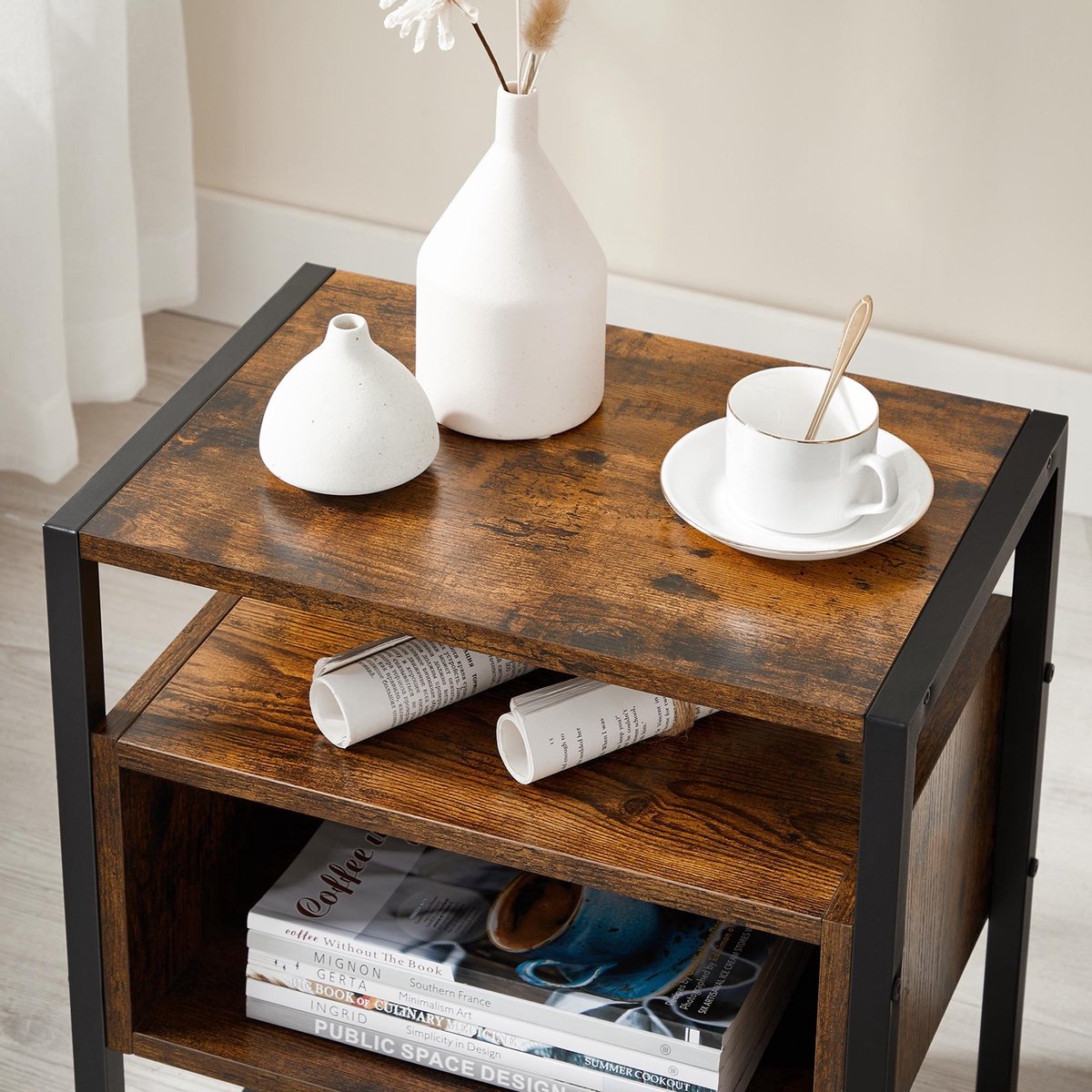 Acaza Open Nachtkastje Voor Slaapkamer Of Salon, Bijzet Tafeltje, Industrieel, Metaal, Hout, / Zwart - Bruin