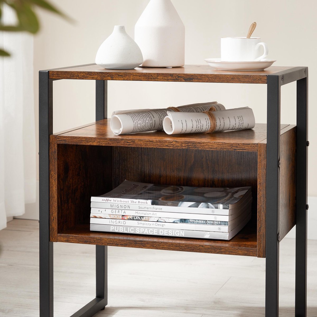 Acaza Open Nachtkastje Voor Slaapkamer Of Salon, Bijzet Tafeltje, Industrieel, Metaal, Hout, / Zwart - Bruin