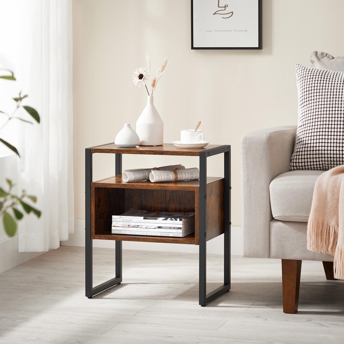 Acaza Open Nachtkastje Voor Slaapkamer Of Salon, Bijzet Tafeltje, Industrieel, Metaal, Hout, / Zwart - Bruin