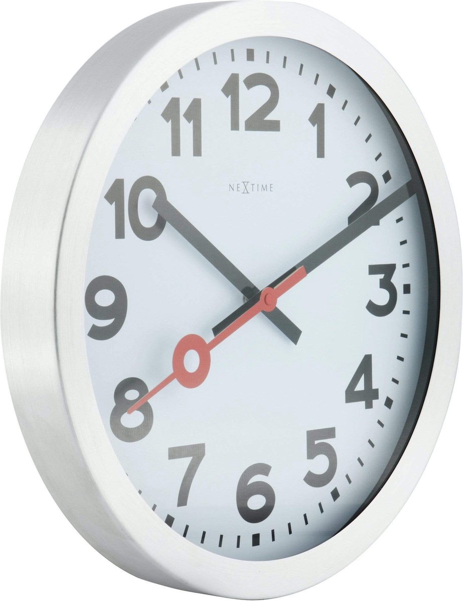 Nextime Wandklok Dia. 35 Cm, Geborsteld Aluminium, 'Station' - Wit