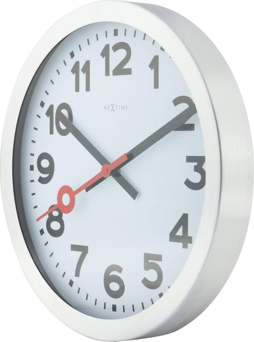 Nextime Wandklok Dia. 35 Cm, Geborsteld Aluminium, 'Station' - Wit