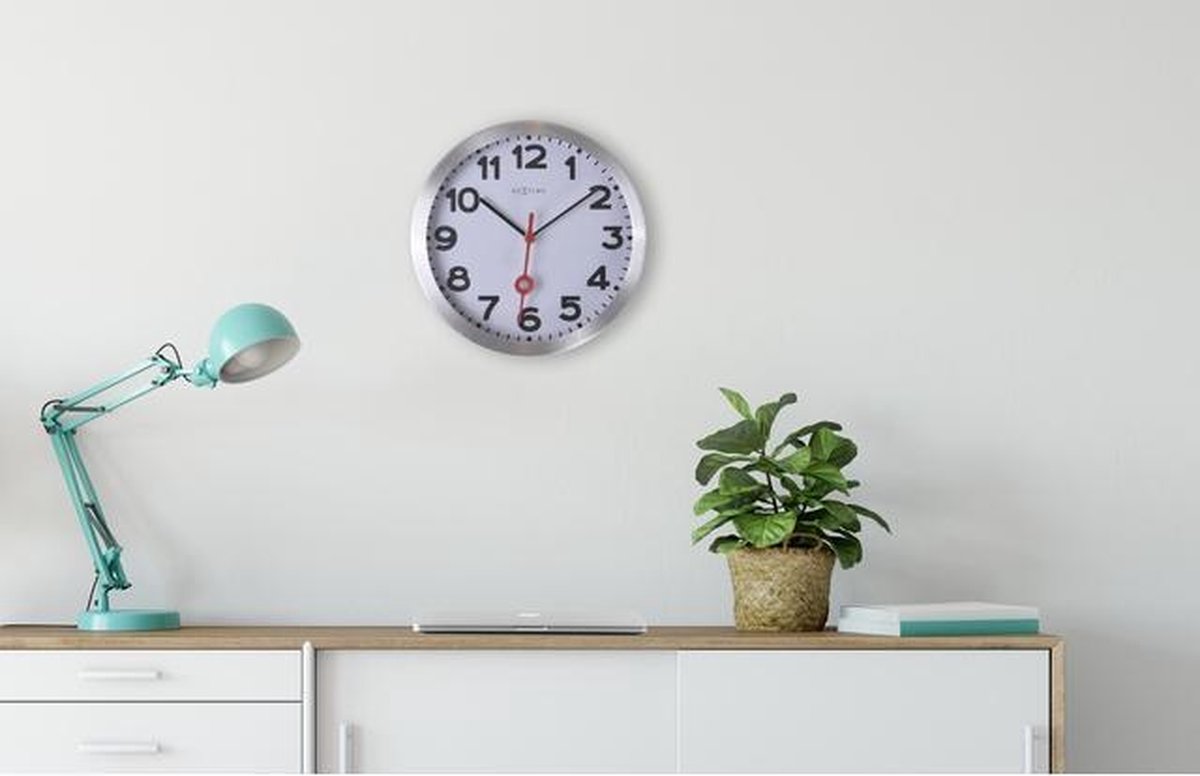 Nextime Wandklok Dia. 35 Cm, Geborsteld Aluminium, 'Station' - Wit