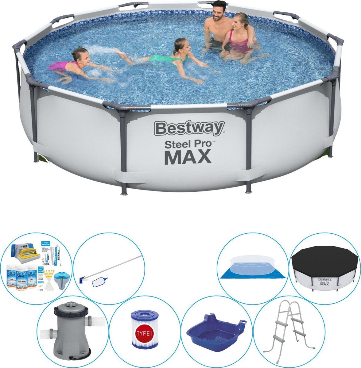 Bestway Zwembad Inclusief Accessoires - Steel Pro Max Rond 305x76 Cm - Grijs