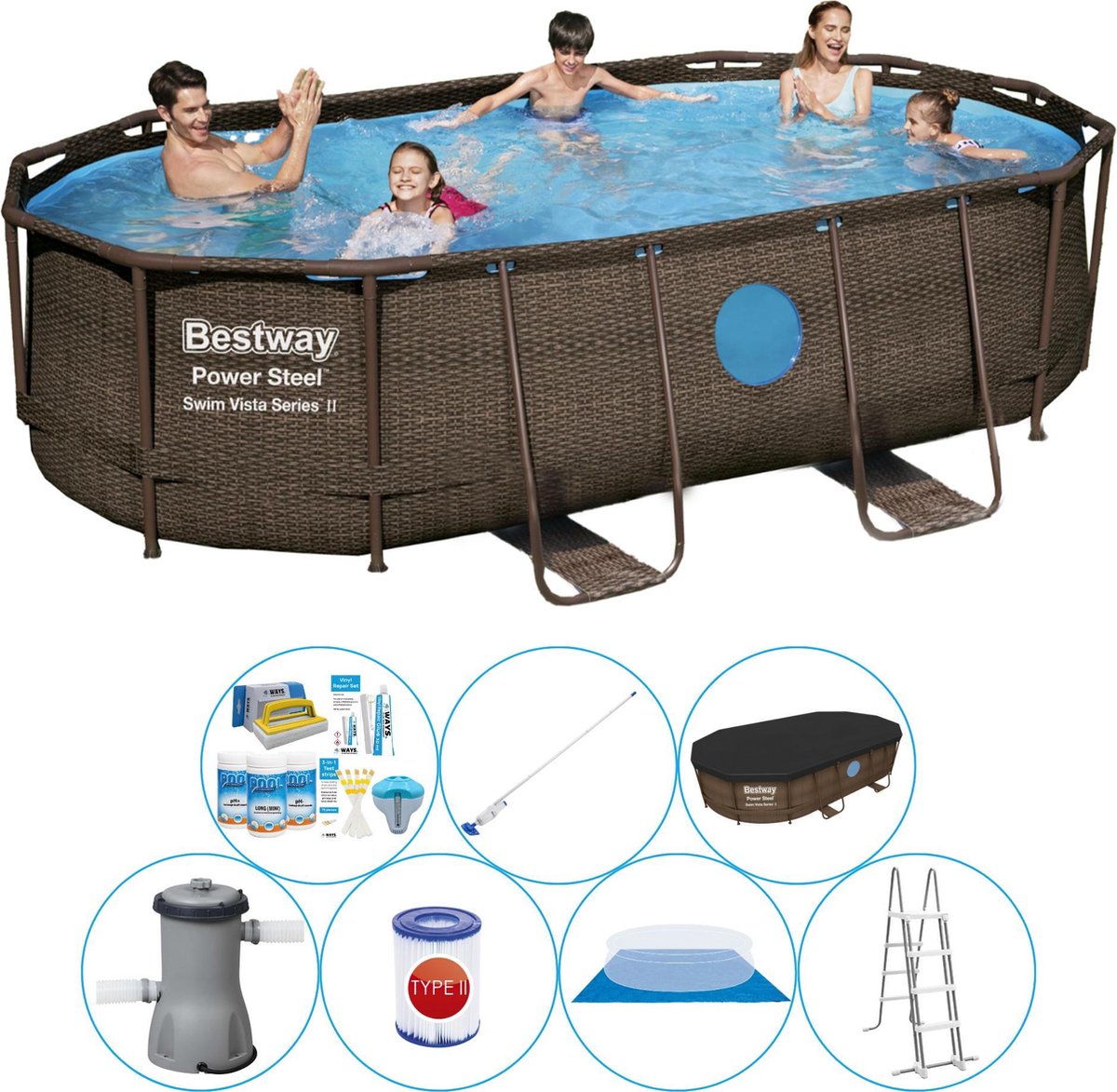 Bestway Power Steel Swim Vista Ovaal 427x250x100 Cm - Slimme Zwembad Deal - Bruin