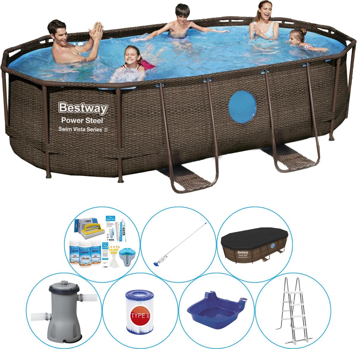 Bestway Power Steel Swim Vista Ovaal 427x250x100 Cm - Zwembad Combi Deal - Bruin