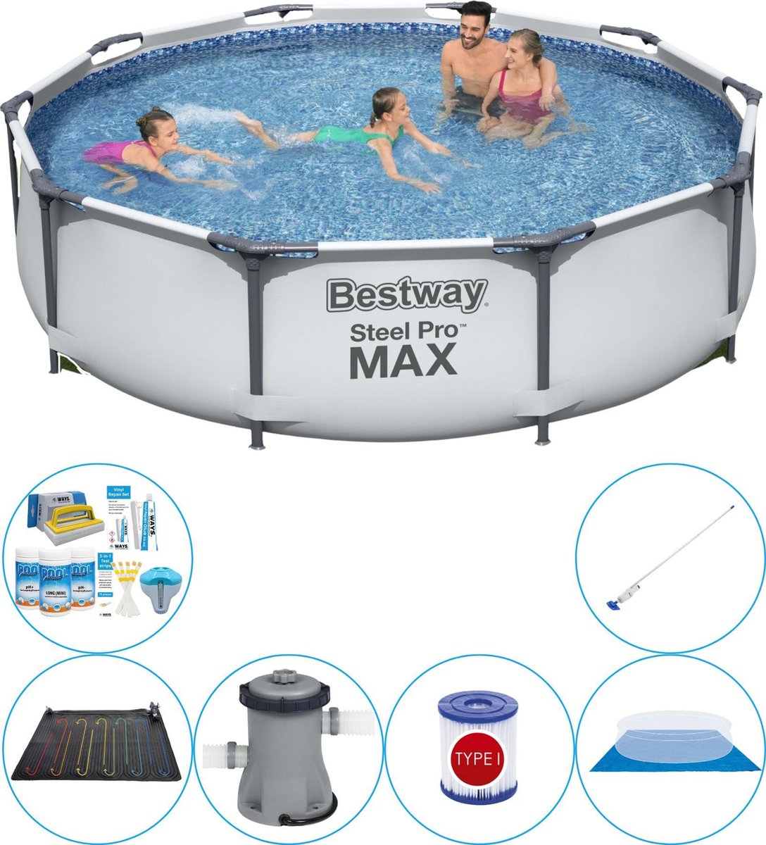 Bestway Zwembad Set - 7-delig - Steel Pro Max Rond 305x76 Cm - Grijs