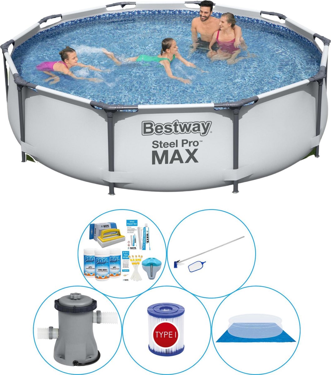 Bestway Zwembad Pakket - 6-delig - Steel Pro Max Rond 305x76 Cm - Grijs