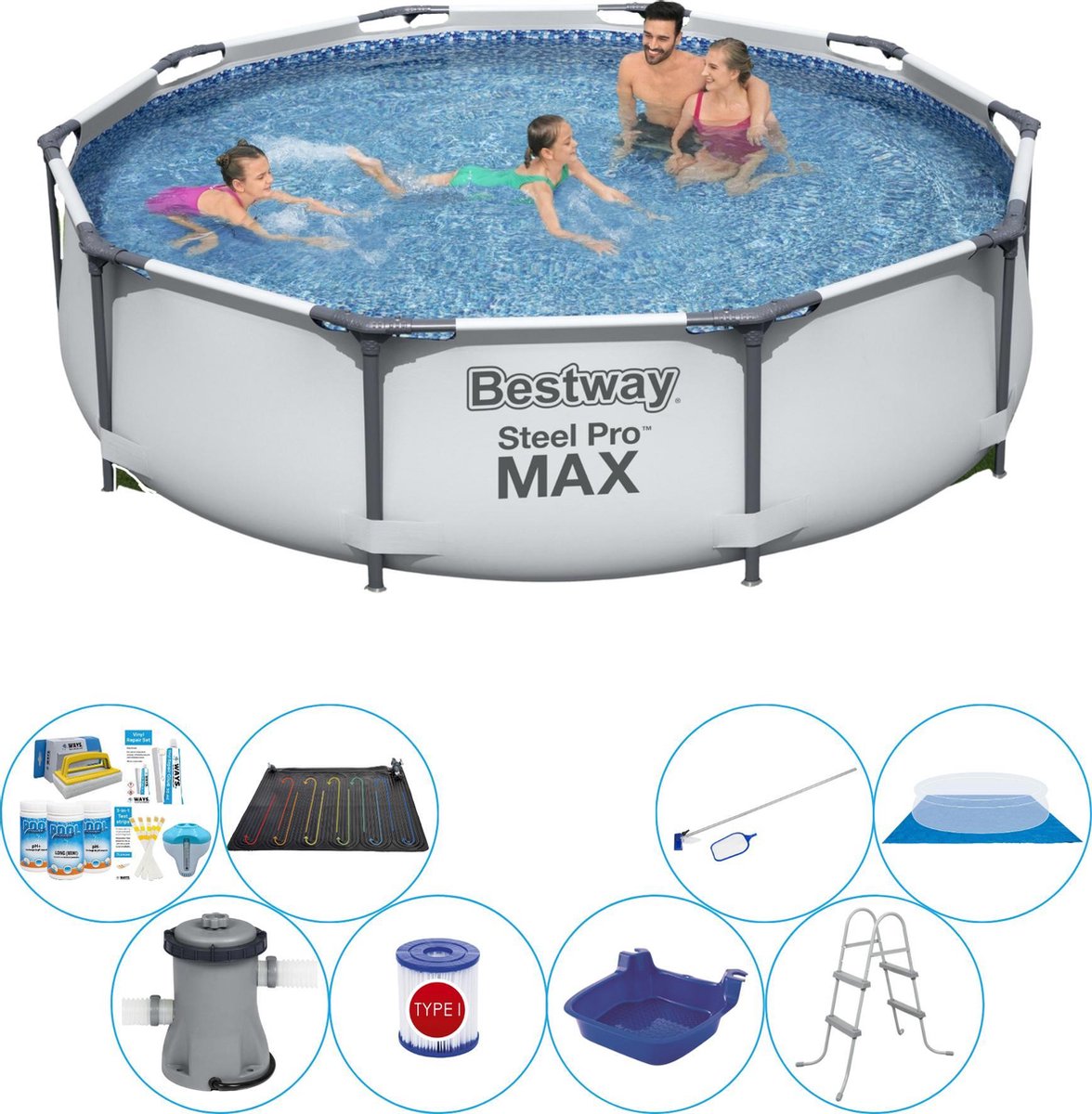 Bestway Slimme Zwembad Deal - 9-delig - Steel Pro Max Rond 305x76 Cm - Grijs