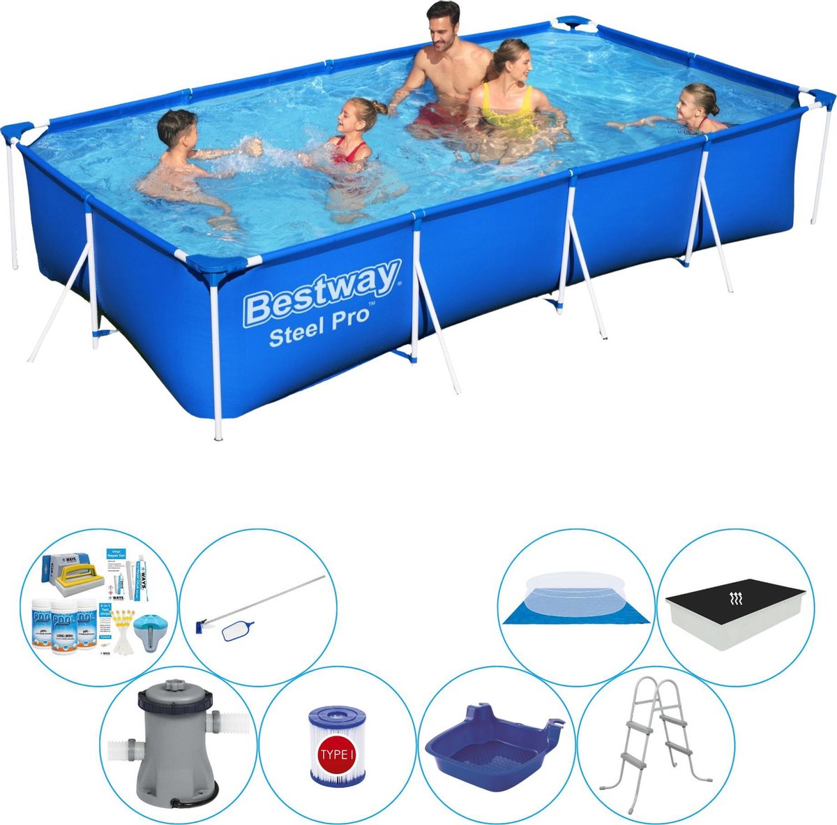 Bestway Zwembad Met Accessoires - Steel Pro Rechthoekig 400x211x81 Cm - Blauw
