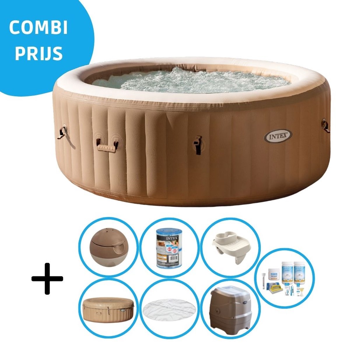 Intex - Bubble Massage - Jacuzzi - 196 X 71 Cm Inclusief Onderhoudspakket En Bekerhouder - Beige