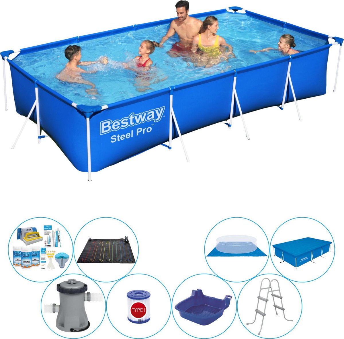 Bestway Zwembad Inclusief Accessoires - Steel Pro Rechthoekig 400x211x81 Cm - Blauw