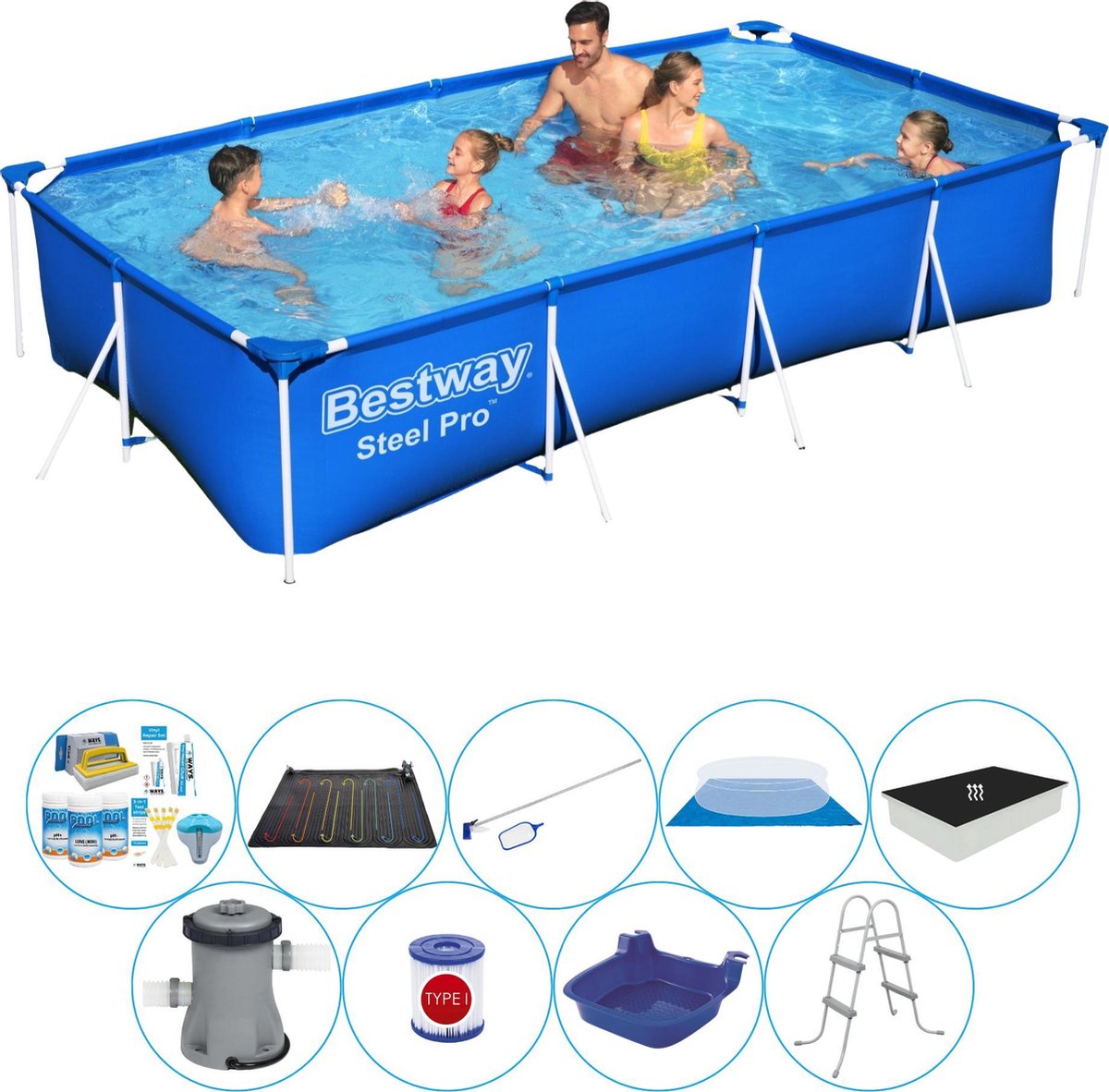 Bestway Deluxe Zwembad Set - Steel Pro Rechthoekig 400x211x81 Cm - Blauw