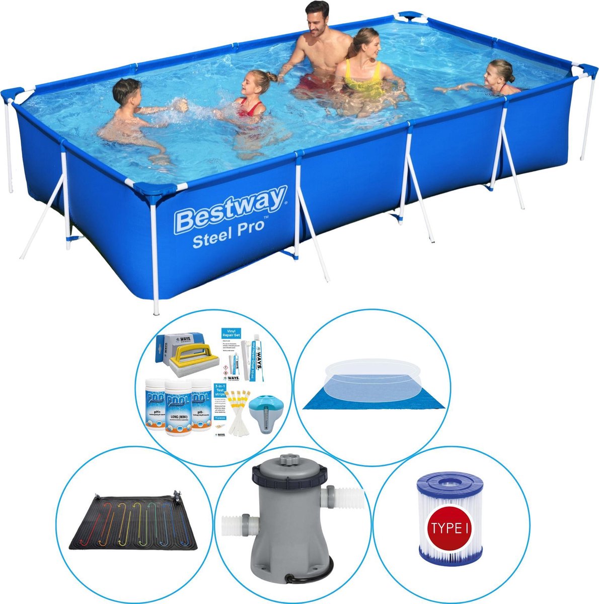 Bestway Zwembad Pakket - 6-delig - Steel Pro Rechthoekig 400x211x81 Cm - Blauw