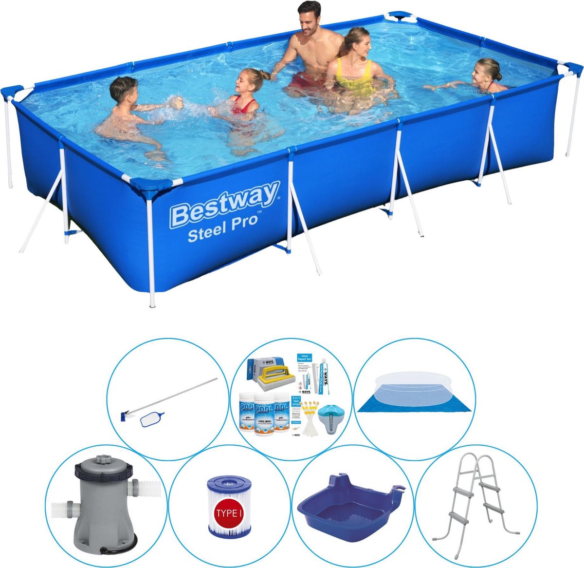 Bestway Zwembad Bundel - 8-delig - Steel Pro Rechthoekig 400x211x81 Cm - Blauw