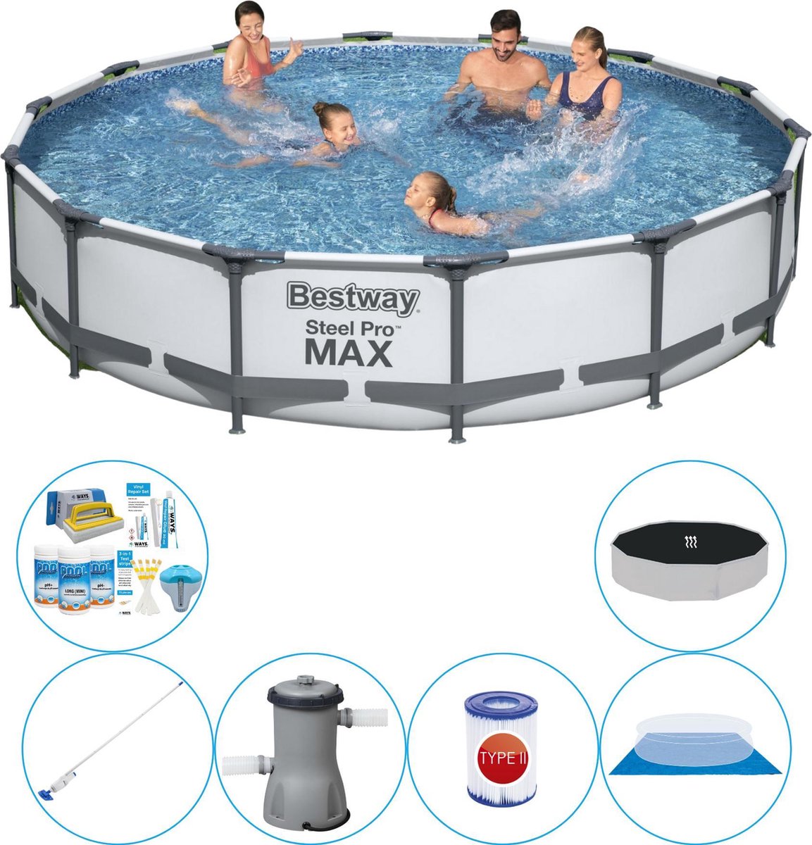 Bestway Steel Pro Max Rond 427x84 Cm - Zwembad Combinatie Pakket - Grijs