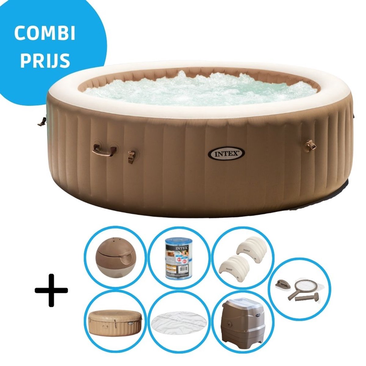 Intex - Bubble Massage - Jacuzzi - 216 X 71 Cm Met Hoofdsteunen En Onderhoudskit - Beige