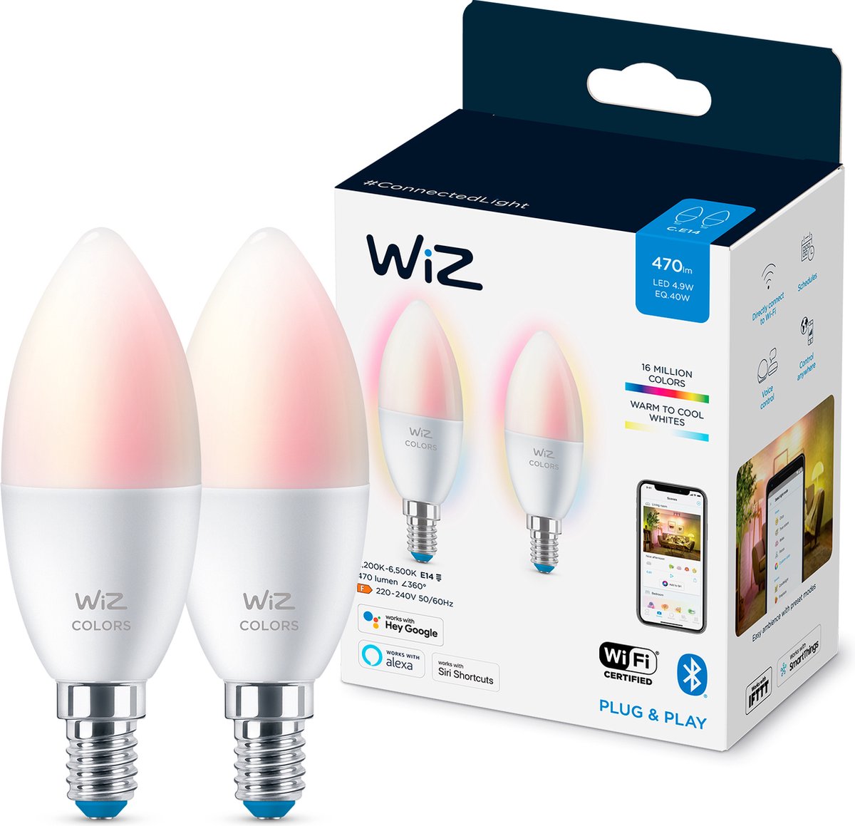 WIZ Kaarslamp Gekleurd en licht E14 2-pack - Blanco